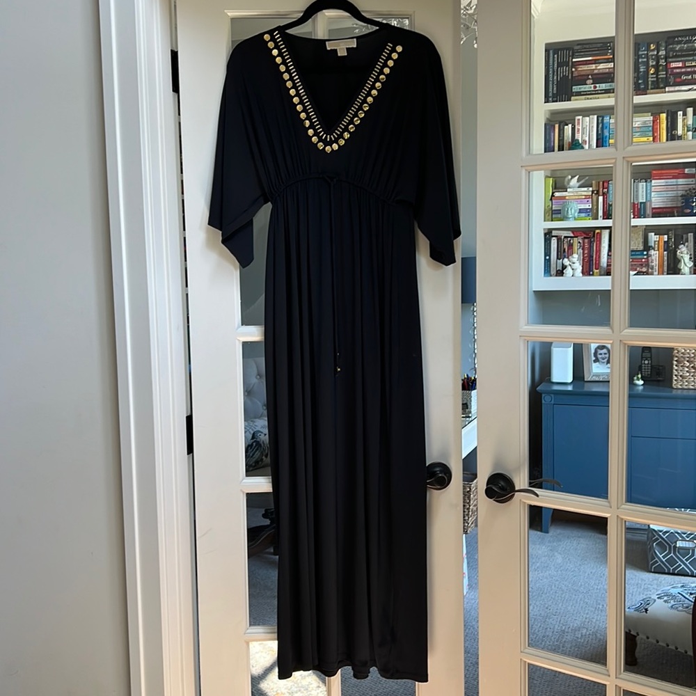 Michael Kors long black Full length cover-up with gold accents.